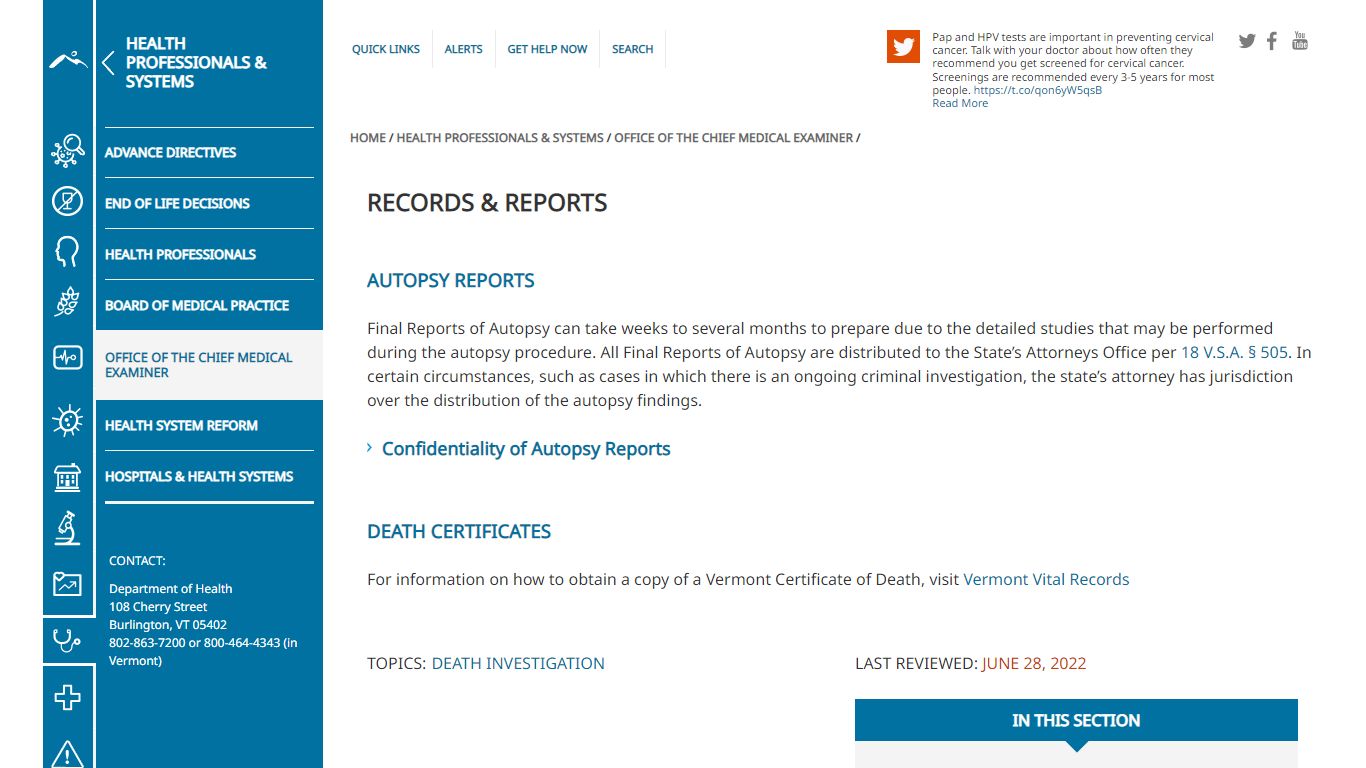 Records & Reports | Vermont Department of Health